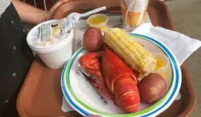 images (2) Steamed lobster with corn on the cob and melted butter on plate with green and blue lines around border.